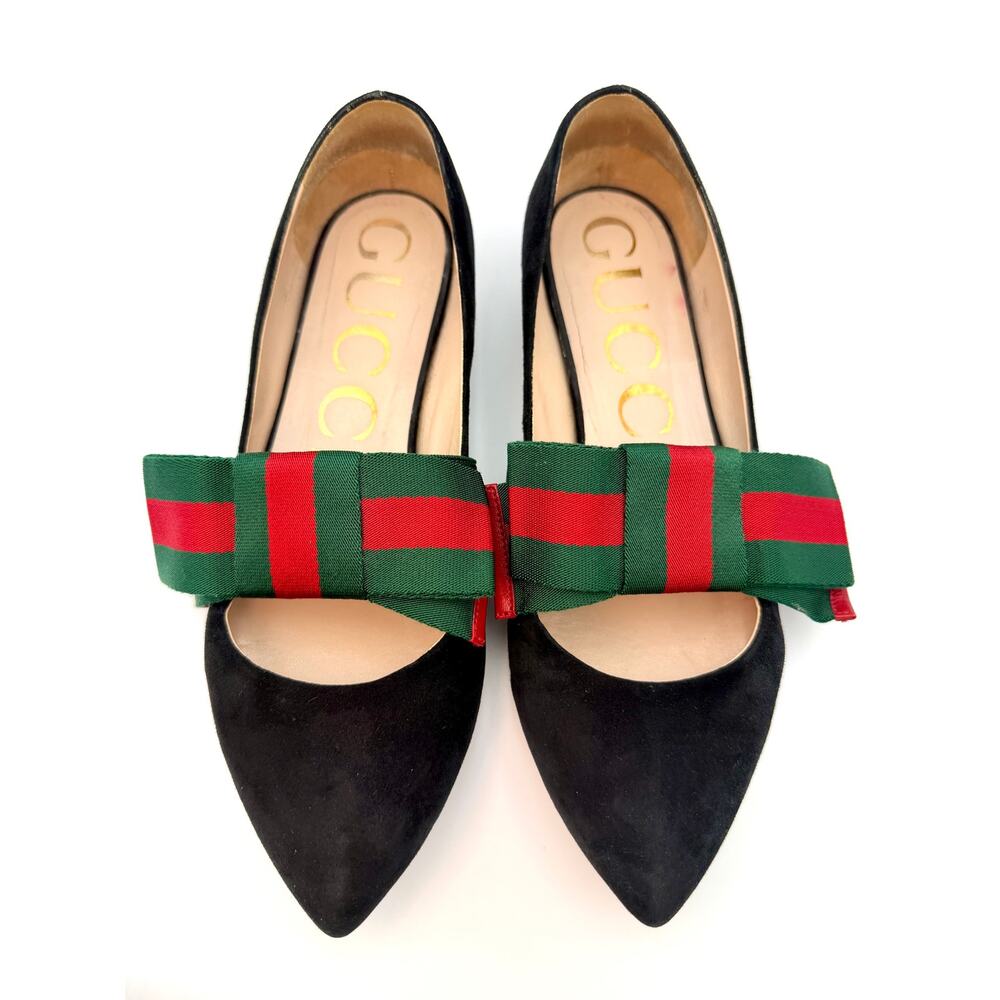 Gucci Web Stripe Sylvie Bow Ballet Flats Black Suede Size 37.5 / 7.5 Red Green - Picture 2 of 14